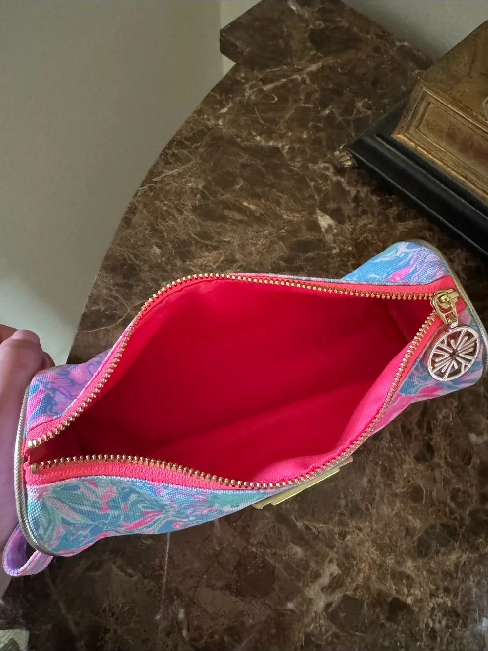 Lilly Pulitzer Pink and Blue Floral Cosmetic Pouch with Gold Accent